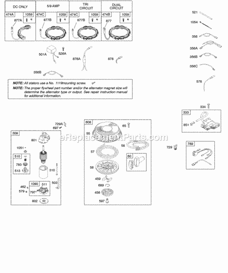 Alternator Electric Starter Ignition Rewind Starter Diagram and Parts List for 215702-0110-B1  Briggs and Stratton Engine